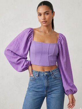 Urban Outfitters Purple Puff Sleeve Crop Top Medium Square Neck